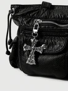 ROMWE 2 Y2k Retro Unique Personalized Heavy Industry Punk Dark Wind Goth Black Glossy Leather Metal Air Eye Hole Eye Wrist Strap Ancient Silver Demon Bat Wings Square Letters "Dark" Pin One Arrow Through The Heart Hollow Star Ring Dripping Oil Thorns Rose Love Uneven Skull Cross DIY Keychain Bag Pendant Pendant, Combination Set, Suitable For Women, Girls, Sisters, Girlfriends, Couples Daily Wear, Holiday Gifts - Black - View 8