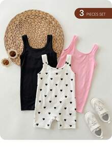 SHEIN LMoss Kids Bộ 3 bộ đồ liền thân không tay chấm bi dệt kim dễ thương cho bé gái - Nhiều màu - Xem 1