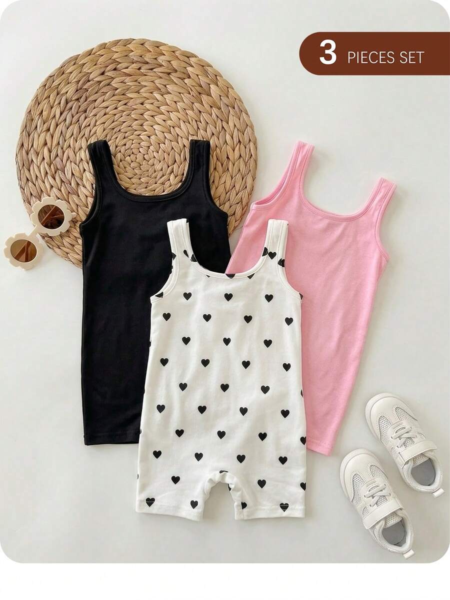 SHEIN LMoss Kids Bộ 3 bộ đồ liền thân không tay chấm bi dệt kim dễ thương cho bé gái - Nhiều màu - Xem 1