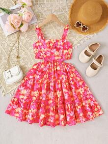 SHEIN 少女夏季度假风碎花露背吊带露腰连衣裙，红色连衣裙 - 玫紅色 - 查看 3