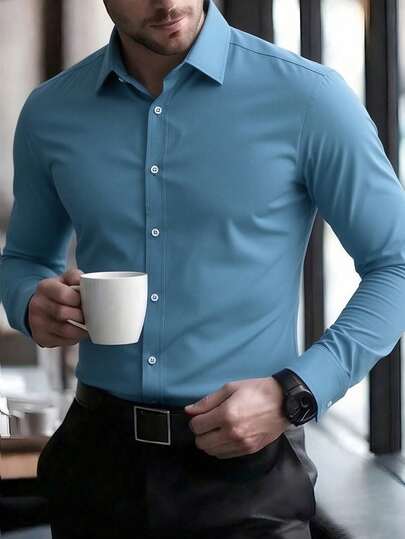 Manfinity Mode 男士纯色单排扣长袖休闲商务衬衫