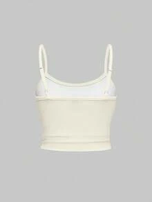 ROMWE Kawaii 可爱甜美爱心蝴蝶结兔子蛋糕系带性感吊带背心和喇叭低腰裤女式两件套 - 米色 - 查看 5