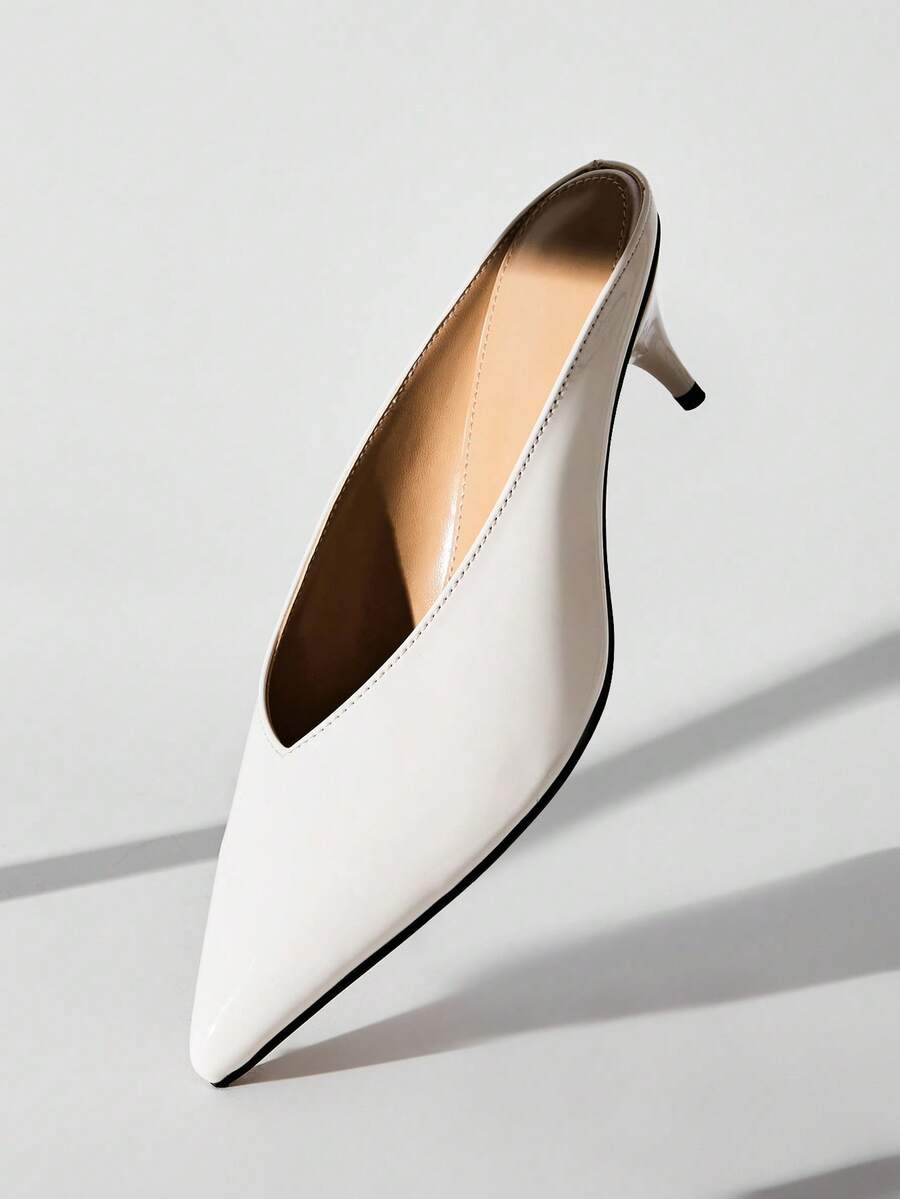 SHUZIA Women's Fashion Comfort Point Toe Kitten Heel Patent PU Mules - White - View 1