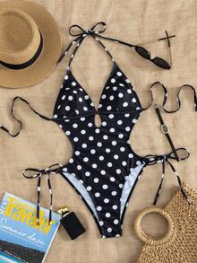 Swim Chiccia 女士夏季黑白波尔卡圆点印花镂空三角形比基尼配侧系带连体泳衣 - 黑與白 - 查看 3
