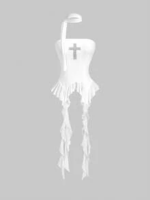ROMWE Grunge Punk Cross Mesh Asymmetrical Tassel Ruffle Hem Bandeau Bodycon Top - White - View 5