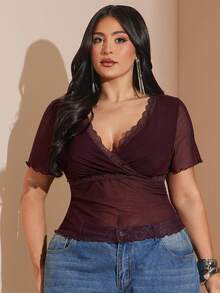 SHEIN BAE 大码女式纯色撞色蕾丝短袖时尚T恤 - 咖啡棕 - 查看 6