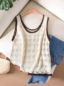 CosyJoli Elegantes Große Größen Camisole-Stricktop in Beige mit Cut-Out-Muster, leicht für Frühling/Sommer Damen - Beige - Übersicht 1