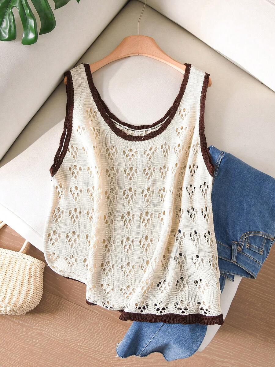 CosyJoli Elegantes Große Größen Camisole-Stricktop in Beige mit Cut-Out-Muster, leicht für Frühling/Sommer Damen - Beige - Übersicht 1