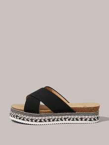Styleloop Giày sandal đế xuồng cao gót mùa hè cho nữ, sandal hở mũi bằng dây gai dầu đan, đính đá lấp lánh, giày đi nghỉ mát phong cách bohemian, sandal La Mã, dép đi biển. - màu đen - Xem 3