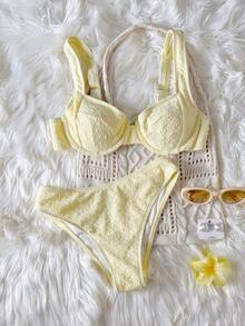 Swim Mod Bộ bikini mùa xuân/hè mới, chất liệu vải có họa tiết, kiểu dáng gợi cảm, dễ thương, ngọt ngào, thích hợp cho kỳ nghỉ biển. - Màu vàng - Xem 1