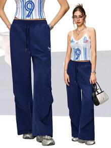 Rina Fox 女士藏蓝色弹力腰带口袋抽绳褶裥宽松直筒工装裤，春夏款 - 藏蓝色 - 查看 4