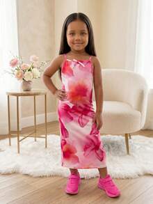 Young Girl Casual Tropical Print Snug Fit Dress,Kids - Red and White - View 6