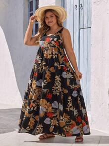 SHEIN VCAY Vestido Longo Floral Sem Mangas Plus Size, Adequado para Praia e Férias de Verão - Preto - Visão 5