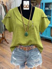 Linhara Plus Size Women Solid Color Asymmetric Ruffle Trim Short Sleeve Fashionable Blouse,St Patrick's Day Green Blouse,Vacation Beach - Lime Green - View 3