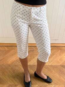 SHEIN EZwear 女款黑白波點印花斜口袋休閒修身七分褲 70s 90s 風格 日常度假邁阿密夏季穿搭 - 白色 - 查看 7