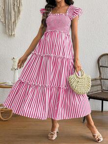 SHEIN Maternity Casual Striped Dress - Pink - View 3
