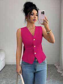 Elenzga Áo tank top nữ màu trơn, cổ chữ V, không tay, thắt nơ phía sau, ôm sát, tôn dáng, làm nổi bật vẻ quyến rũ nữ tính, thích hợp mặc vào mùa thu/đông, lý tưởng cho các buổi hẹn hò, du lịch, đi làm, ngày Valentine và các bữa tiệc. - Màu Hồng Tươi - Xem 5
