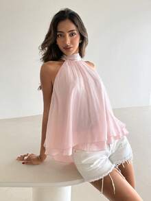 Aloruh Áo kiểu nữ thanh lịch màu hồng bóng, hở lưng - Hồng - Xem 6