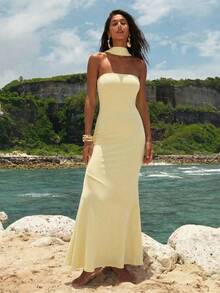 Opulessa Knitted Mesh Printed Fitted Dress For Women,Summer Dress,Vacation Dress - Light Yellow - View 3