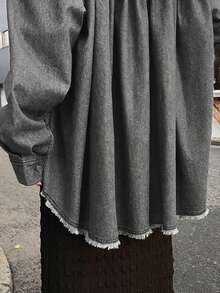 FRIFUL Women's Drop Shoulder Long Sleeve Single-Breasted Frayed Hem Loose Denim Jacket - Dark Grey - View 5