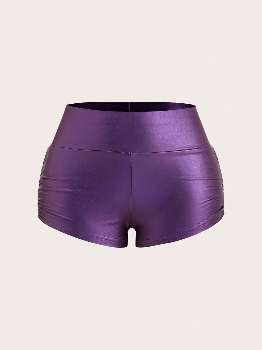 Comfortcana Quần short skinny xếp ly màu tím trơn bằng da PU cỡ lớn, quần short da màu tím, quần short cạp cao màu tím, quần short giả da, quần short đạp xe cạp cao - Màu tím - Xem 1