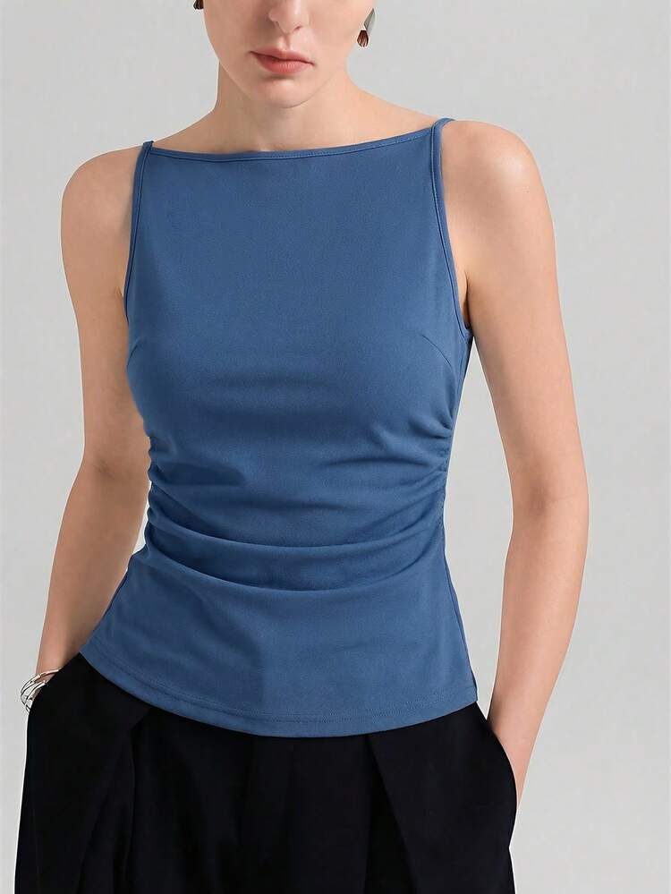 2026SS New Summer Women's Camisole, Fitted Silhouette, Knit Fabric For Comfort, Suitable For Teachers, Business Casual And Daily Wear, Adjustable Shoulder Straps, Solid Blue Color, Simple And Elegant Urban Chic Fashion Versatile Women's Top