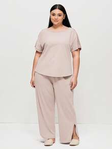 LUVLETTE Set Piyama Wanita Ukuran Besar Musim Panas, Lembut, 100% Katun Murni, Leher Bulat, Set Santai untuk Wanita - Krem - View 7
