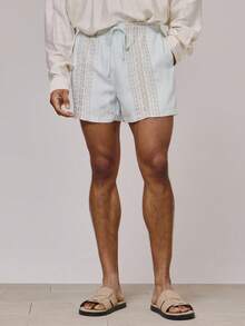 Musero Quần short dáng rộng, có dây rút và chun ở eo, thêu họa tiết, thích hợp cho mùa xuân hè, đi nghỉ mát hoặc đi biển. - Màu xanh nhạt - Xem 3