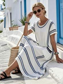 SHEIN Holidaya Đầm maxi ngắn tay in họa tiết hình học dành cho nữ, dáng rộng, có túi, thích hợp cho các bữa tiệc ngày lễ, mặc thường ngày, kỳ nghỉ biển: ven biển, bãi biển, tiệc bể bơi, du lịch đảo; mặc thường ngày: mua sắm, trà chiều, đi chơi cuối tuần, đi làm. - Màu xanh lam - Xem 4