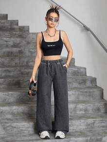 SHEIN Teen Girls Y2K Solid Washed Loose Straight Leg Jeans, Girls Back To School Streetwear - Dark Grey - View 5