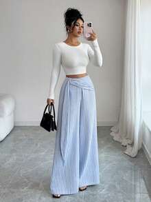 Elenzga 新款女士蓝白条纹梭织棉布侧拉链腰带宽松阔腿春夏休闲优雅长裤 - 藍白色 - 查看 8