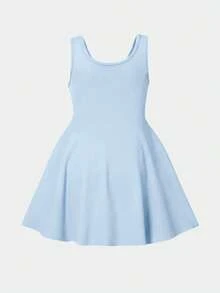 SHEIN 女童纯色圆领无袖修身休闲连衣裙运动装 - 藍色 - 查看 3
