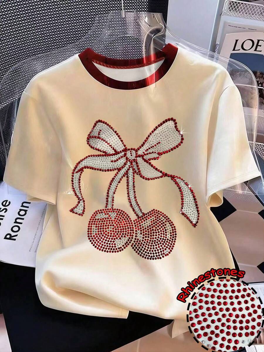 Resyla Nueva camiseta de cuello redondo con estampado de cerezas de cristal, edición de verano - Multicolor - Ver 1