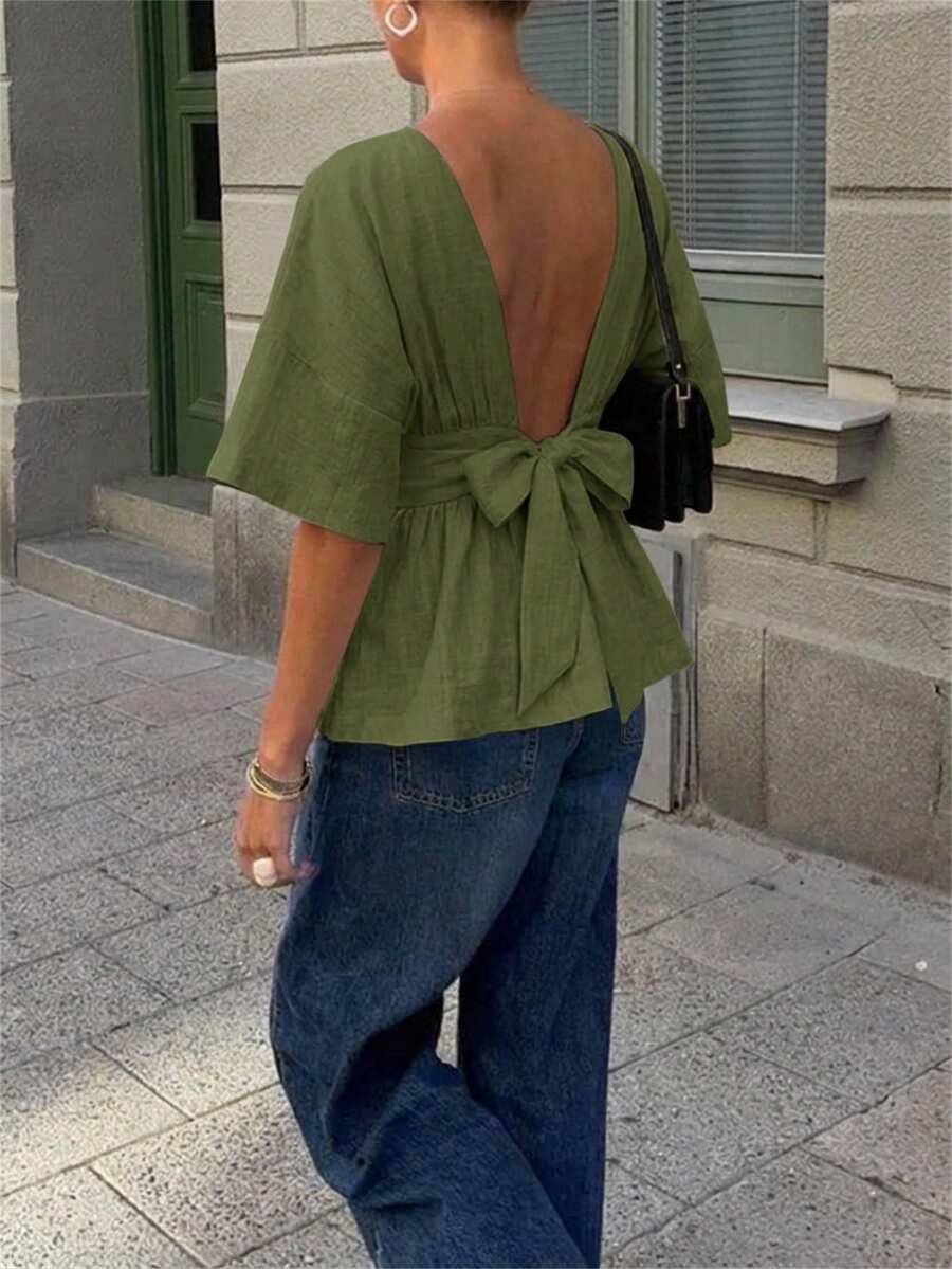 Aloruh 女士优雅圆领露背蝴蝶结装饰修身衬衫,乳白色 - 軍綠色 - 查看 1