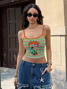 Nick 90s | SHEIN Women's Cartoon Character & Striped Print Camisole - White - View 6