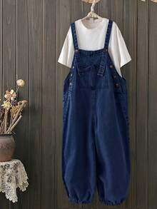 EMERY ROSE Mature Denim Quần yếm denim nữ có túi cài nút, kiểu dáng thời trang, đa năng, thích hợp mặc hàng ngày. - Rửa tối - Xem 1