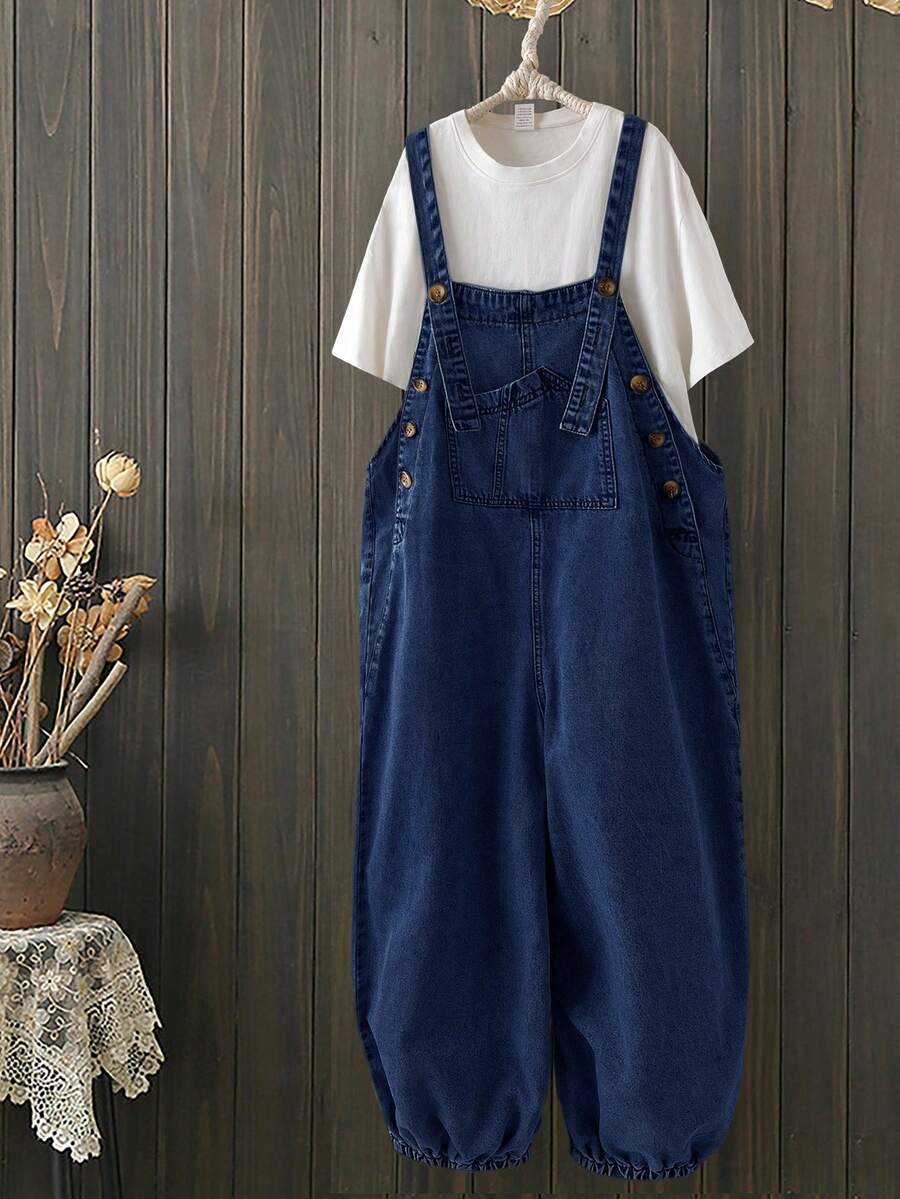 EMERY ROSE Mature Denim Quần yếm denim nữ có túi cài nút, kiểu dáng thời trang, đa năng, thích hợp mặc hàng ngày. - Rửa tối - Xem 1