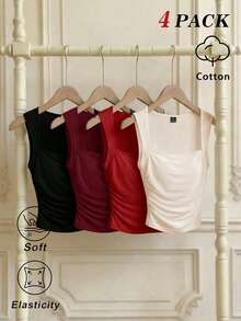 MOD Set de 4 camisetas de tirantes con cuello de pico y pliegues en colores variados - Multicolor - Ver 9