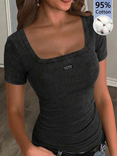 Slaydiva 95%棉罗纹针织休闲基础款夏季圆领短袖修身侧边褶皱罗纹弹力白色女式T恤