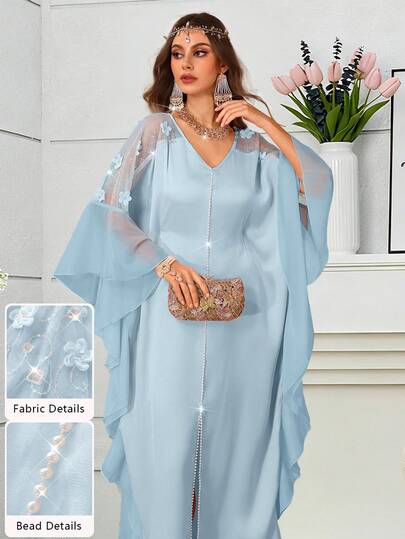 Al Najma Đầm dài truyền thống Thổ Nhĩ Kỳ & Ả Rập thời trang với tay áo xếp bèo thêu dành cho phụ nữ