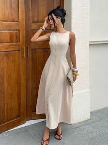 Siren Gaze Petite Women's Casual & Commuting Solid Color Single-Breasted Sleeveless Waist Cinched Slash Neck Button Down Waistcoat Maxi Dress In Oatmeal Long Dress,Suitable For Daily Wear, Going Out, Holidays, Vacations Spring Outfits For Women Dresses Casual Outfit For Women Dress Classy Women Outfits Chic Outfits Women,Summer Dresses For Women - Apricot - View 4