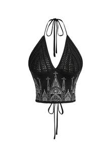 ROMWE Gothic Church Embroidery Mock Neck Fitted Knit Top - Black - View 1