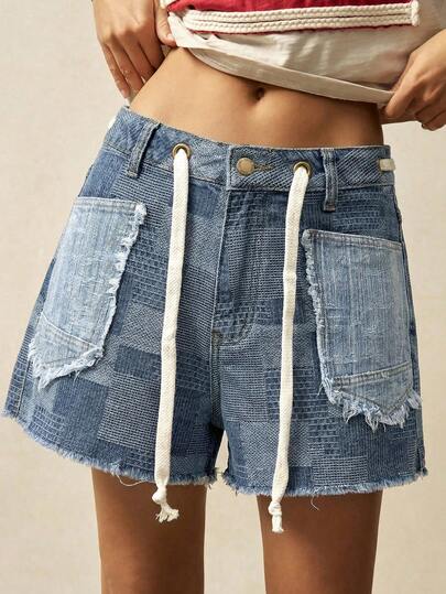 Bohemela Women's Drawstring Waist Frayed Hem Loose Casual Denim Shorts