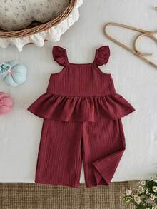 LMoss Kids LMoss 2pcs Baby Girl Woven Solid Color Square Collar Ruffle Bow Sleeveless Top And Pants Set Summer Outfit Sets Toddler Clothes - Red - View 7