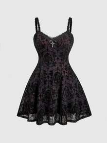 ROMWE Goth Vestito da donna taglie forti con fiocco floccato e bordo in pizzo - nero - Visualizzare 5