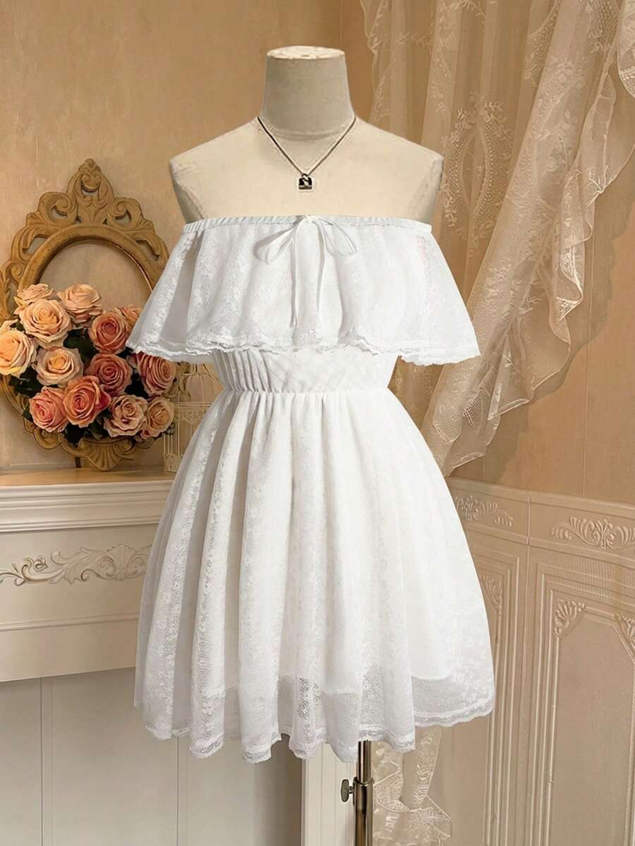 Flirla Plus Size Floral Lace Patchwork Textured Fabric Double Layer Dress, Vacation Style - White - View 1