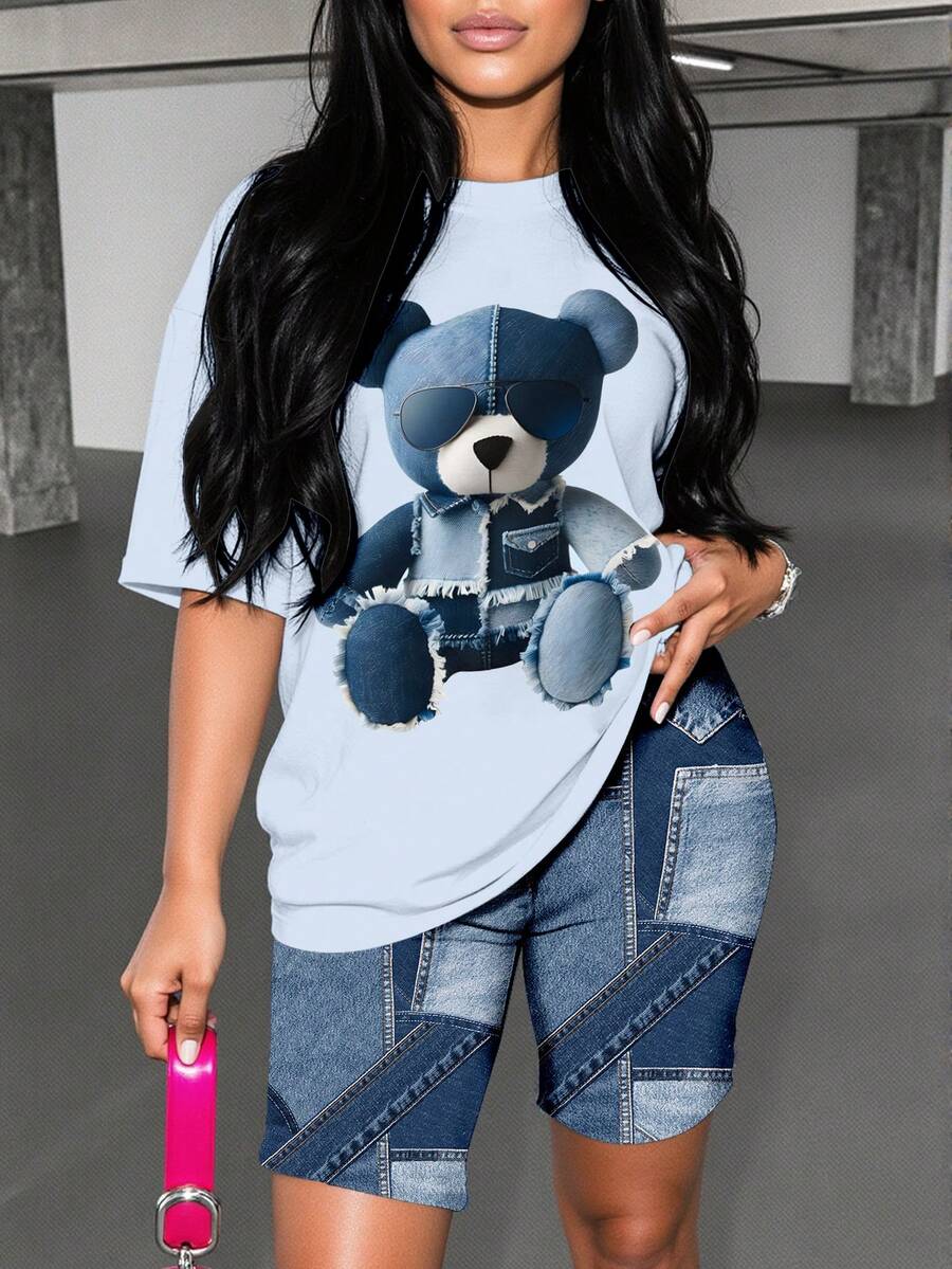 Slaydiva Plus Size Women Cartoon Print Short Sleeve Top And Shorts Casual 2 Pieces Set - Baby Blue - View 1