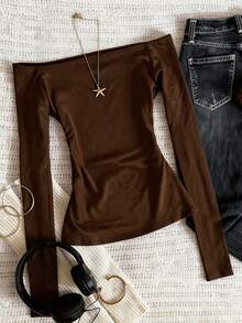 Glimmora Fashionable Minimalist Off Shoulder Long Sleeve T-Shirt, Gift For Friends - Brown - View 2