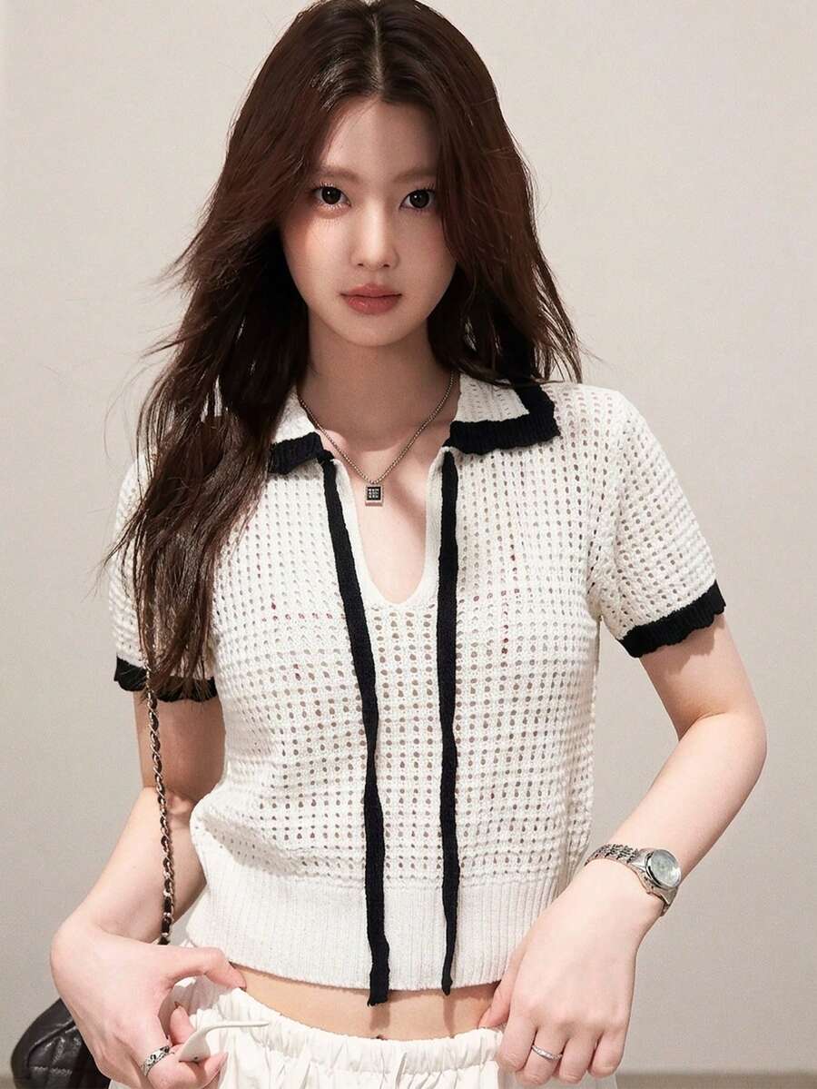 INAWLY Korean Style Black & White Contrast Hollow Knit Polo Shirt For Women, Summer V-Neck Tie-Up Loose Short Sleeve Comfortable Casual Commute Cropped Top - White - View 1