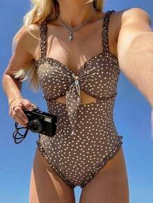 Swim Mod Bộ đồ bơi liền thân mùa Xuân/Hè mới, bikini, không dây, gợi cảm, dễ thương, ngọt ngào, chất liệu vải có họa tiết, bèo nhún, phong cách nghỉ dưỡng bãi biển. - màu nâu - Xem 1